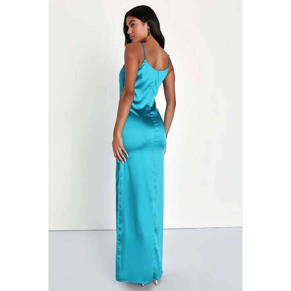 NWT Lulus Easy Radiance Satin Slip Maxi Dress Sleeveless Leg Slit Gown Teal Blue - Picture 2 of 7